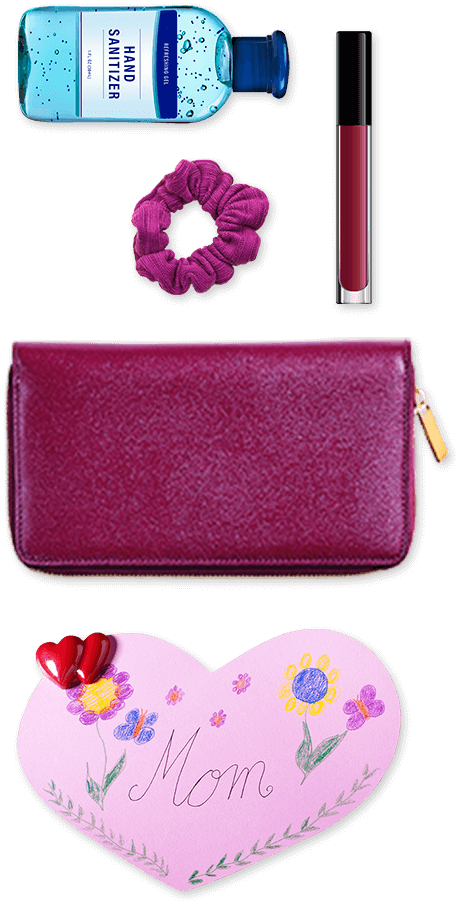 Billfold, Hand Sanitizer, Ponytail Holder, Lip Gloss, and Card